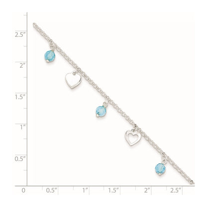 Sterling Silver Blue Glass Beads and Hearts 9 inch Plus 1 inch Extender - Total 10 inch Anklet