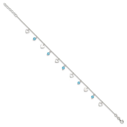 Sterling Silver Blue Glass Beads and Hearts 9 inch Plus 1 inch Extender - Total 10 inch Anklet