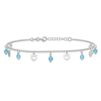 Sterling Silver Blue Glass Beads and Hearts 9 inch Plus 1 inch Extender - Total 10 inch Anklet