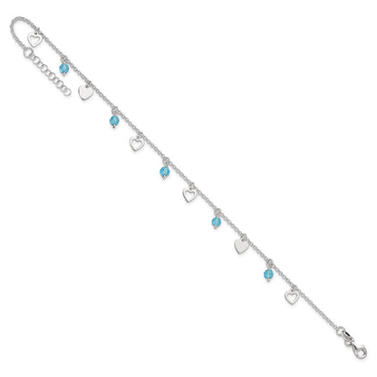 Sterling Silver Blue Glass Beads and Hearts 9 inch Plus 1 inch Extender - Total 10 inch Anklet