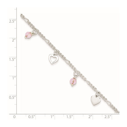 Sterling Silver Pink Glass Beads and Hearts 9 inch Plus 1 inch Extender - Total 10 inch Anklet