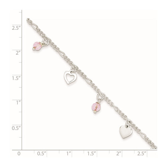 Sterling Silver Pink Glass Beads and Hearts 9 inch Plus 1 inch Extender - Total 10 inch Anklet