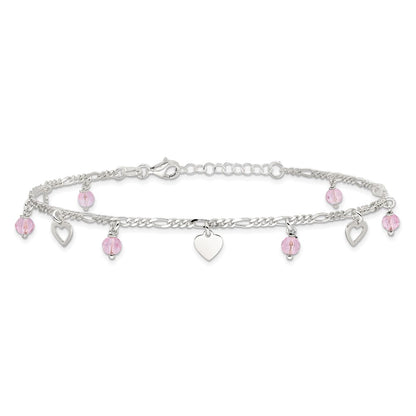 Sterling Silver Pink Glass Beads and Hearts 9 inch Plus 1 inch Extender - Total 10 inch Anklet