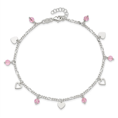 Sterling Silver Pink Glass Beads and Hearts 9 inch Plus 1 inch Extender - Total 10 inch Anklet
