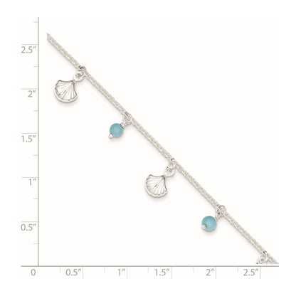 Sterling Silver Shells and Aqua Beads 9 inch Plus 1 inch Extender - Total 10 inch Anklet