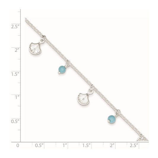 Sterling Silver Shells and Aqua Beads 9 inch Plus 1 inch Extender - Total 10 inch Anklet