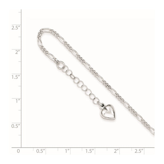 Sterling Silver Figaro with Puffed Heart Dangle 9 inch Plus 1 inch Extender - Total 10 inch Anklet