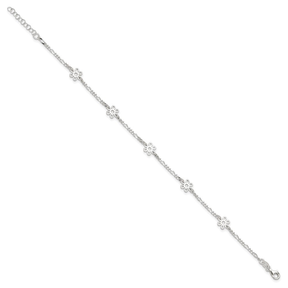 Sterling Silver Figaro Chain/Flowers 5-Station 9 inch Plus 1 inch Extender - Total 10 inch Anklet