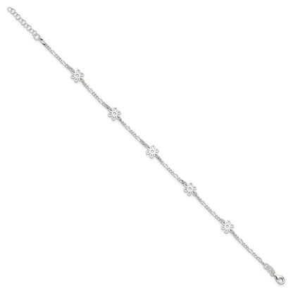 Sterling Silver Figaro Chain/Flowers 5-Station 9 inch Plus 1 inch Extender - Total 10 inch Anklet