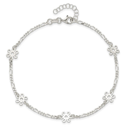Sterling Silver Figaro Chain/Flowers 5-Station 9 inch Plus 1 inch Extender - Total 10 inch Anklet