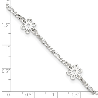 Sterling Silver Figaro Chain/Flowers 5-Station 9 inch Plus 1 inch Extender - Total 10 inch Anklet