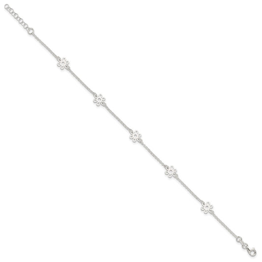 Sterling Silver Cable Chain/Flowers 5-Station 10 inch Plus 1 inch Extender - Total 11 inch Anklet