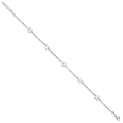 Sterling Silver Cable Chain/Flowers 5-Station 10 inch Plus 1 inch Extender - Total 11 inch Anklet