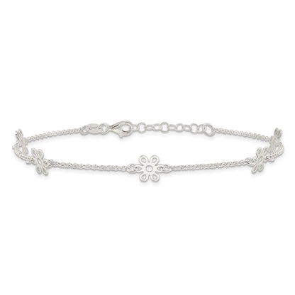 Sterling Silver Cable Chain/Flowers 5-Station 9 inch Plus 1 inch Extender - Total 10 inch Anklet
