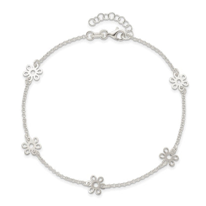 Sterling Silver Cable Chain/Flowers 5-Station 9 inch Plus 1 inch Extender - Total 10 inch Anklet