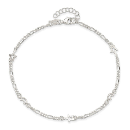 Sterling Silver Moon and Star 9 inch Plus 1 inch Extender - Total 10 inch Anklet