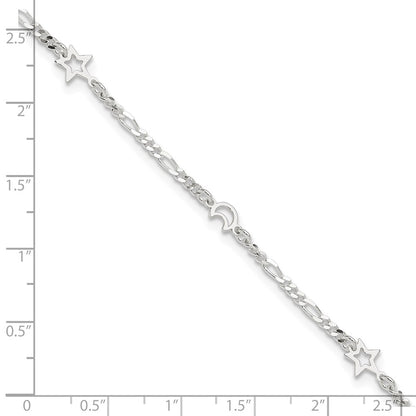 Sterling Silver Moon and Star 9 inch Plus 1 inch Extender - Total 10 inch Anklet