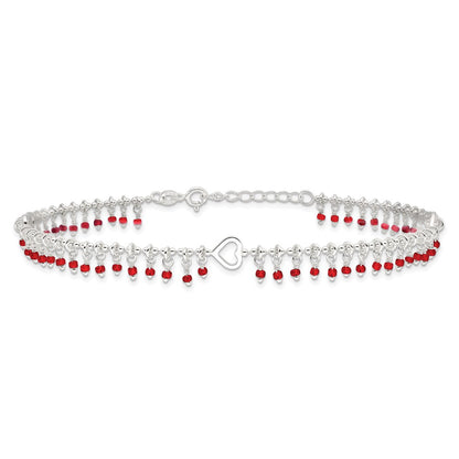 Sterling Silver Red Beads and Heart 10 inch Plus 1 inch Extender - Total 11 inch Anklet