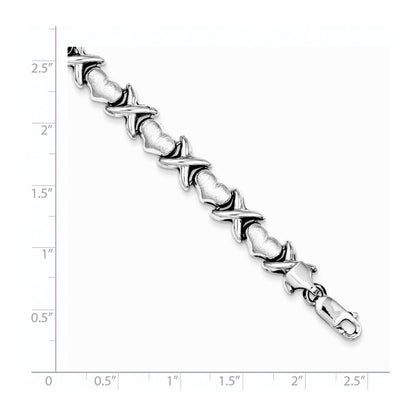 Sterling Silver Rhodium Polished and Brushed X's and Hearts Bracelet
