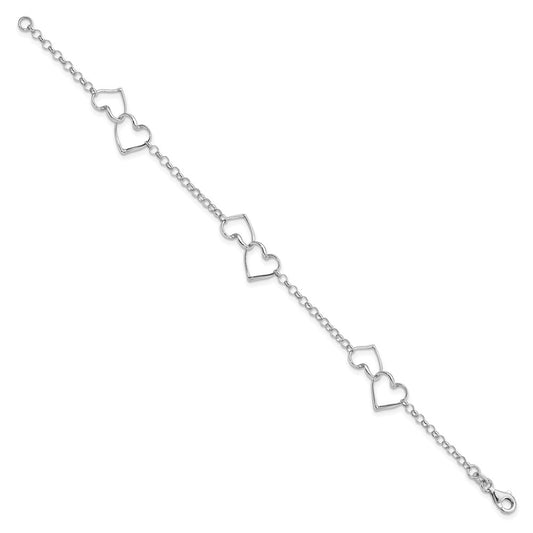 Sterling Silver Rhodium-plated Linked Hearts and Chain 8 inch Bracelet