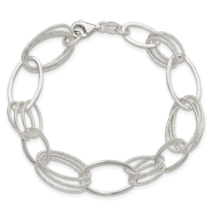 Sterling Silver Polished and Textured Oval Link Bracelet