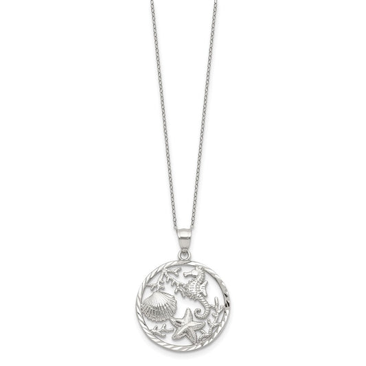 Sterling Silver Rhodium-plated Seahorse, Starfish and Shell Pendant