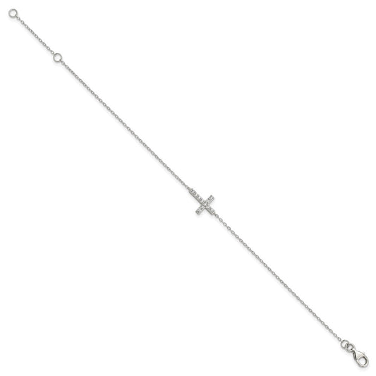 Sterling Silver Rhodium-plated CZ Sideways Cross w/1in Ext Bracelet