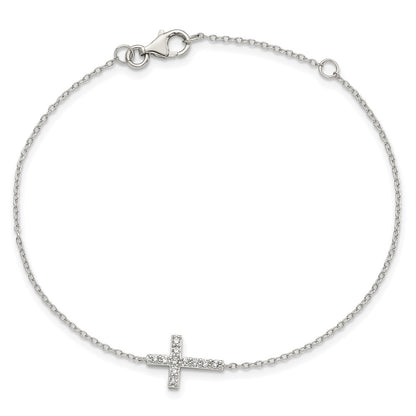 Sterling Silver Rhodium-plated CZ Sideways Cross w/1in Ext Bracelet