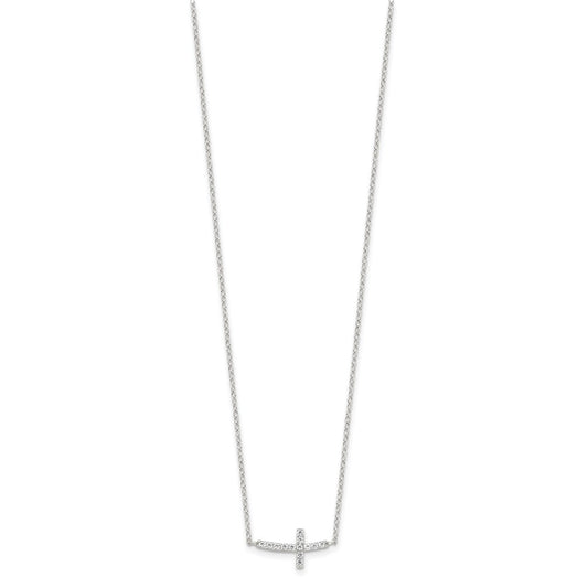 Sterling Silver Rhodium-plated CZ Sideways Cross w/2in Ext Necklace
