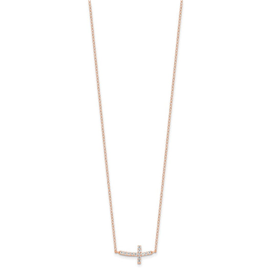 Sterling Silver Rose Gold-plated CZ Sideways Cross w/2in Ext Necklace