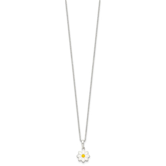 Sterling Silver Polished Yellow & White Enamel Flower Children's Necklace