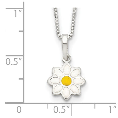 Sterling Silver Polished Yellow & White Enamel Flower Children's Necklace