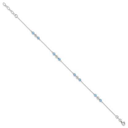 Sterling Silver Bead and Blue CZ 9 inch Plus 1 inch Extender - Total 10 inch Anklet