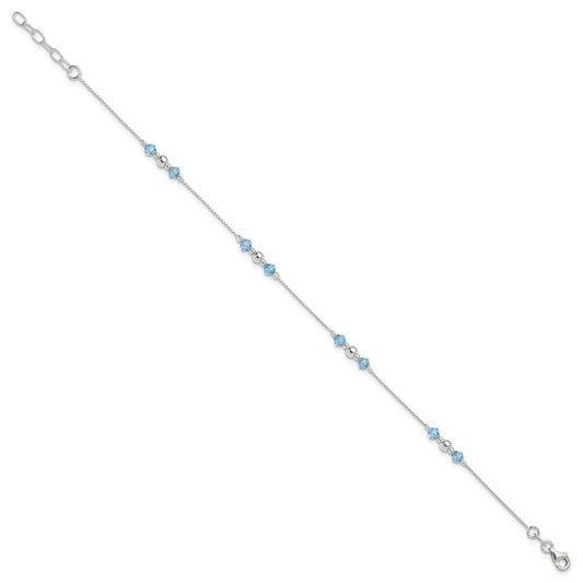 Sterling Silver Bead and Blue CZ 9 inch Plus 1 inch Extender - Total 10 inch Anklet