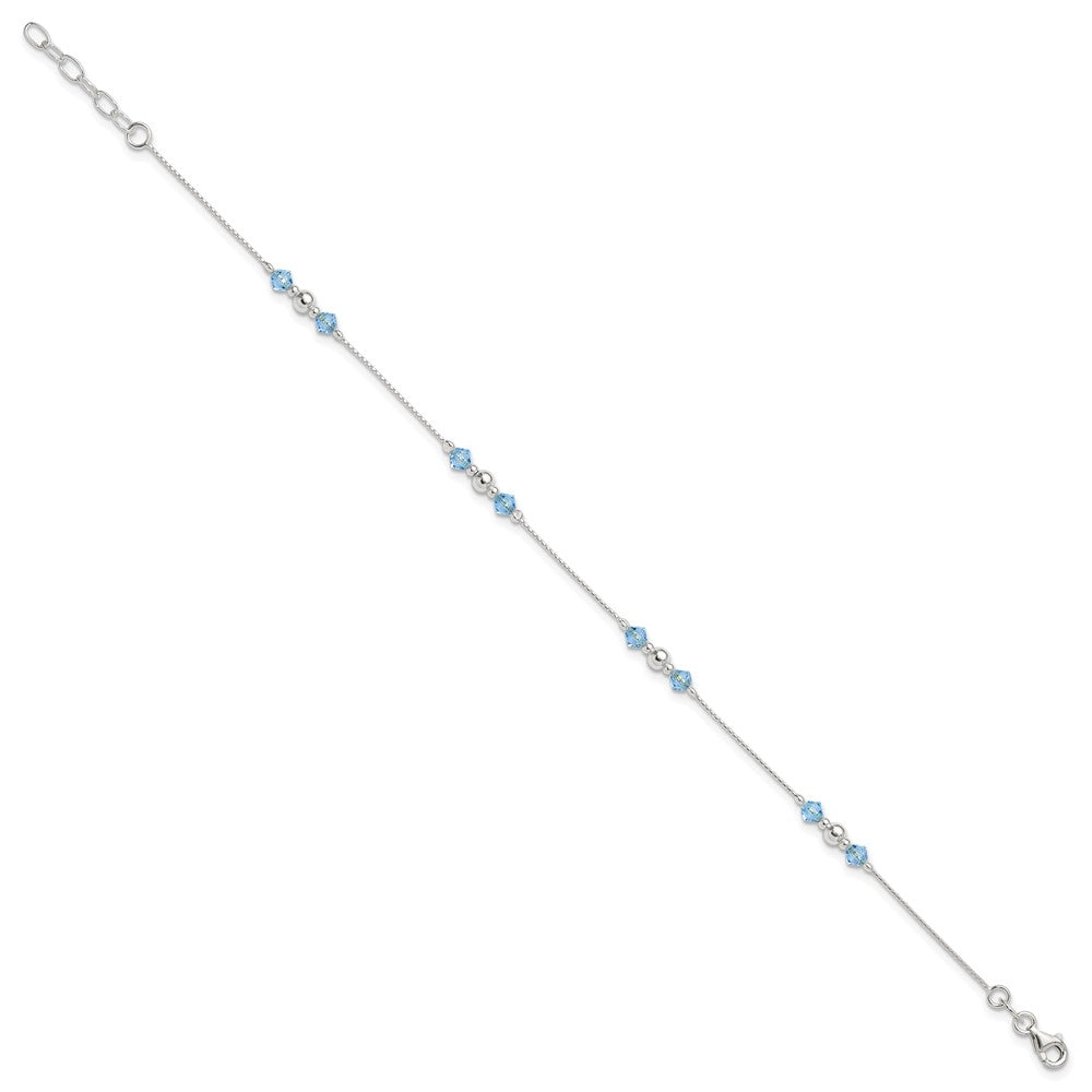 Sterling Silver Bead and Blue CZ 10 inch Plus 1 inch Extender - Total 11 inch Anklet