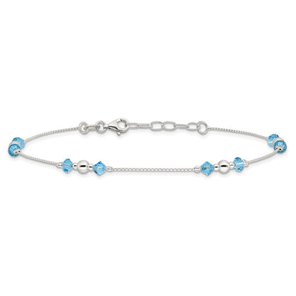 Sterling Silver Bead and Blue CZ 9 inch Plus 1 inch Extender - Total 10 inch Anklet