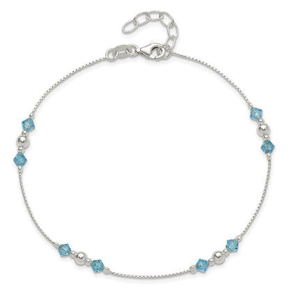 Sterling Silver Bead and Blue CZ 9 inch Plus 1 inch Extender - Total 10 inch Anklet