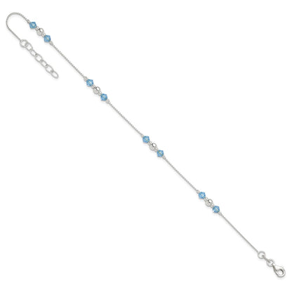 Sterling Silver Bead and Blue CZ 9 inch Plus 1 inch Extender - Total 10 inch Anklet