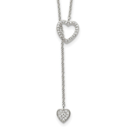 Sterling Silver Rhodium-plated Polished Adjustable Hearts with CZ Necklace