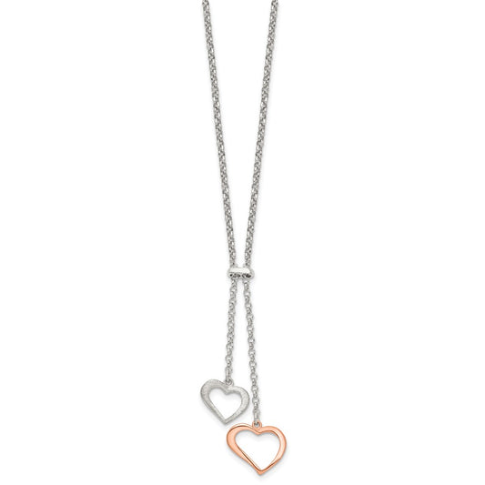 Sterling Silver Rose-tone Polished Textured 2-Heart Dangle 16.5 inch Lariat Necklace
