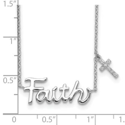 Sterling Silver Rhodium-plated FAITH w/CZ Cross Charm Necklace