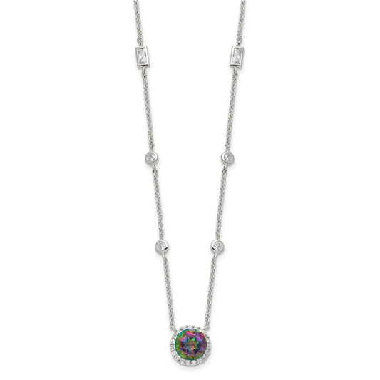 Sterling Silver RH-plated Dark Mystic CZ Halo Pendant on 10-Station Necklac