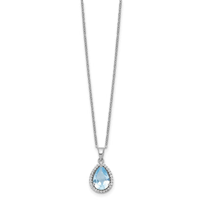 Sterling Silver Rhodium Polished Imitation Aquamarine & CZ Necklace