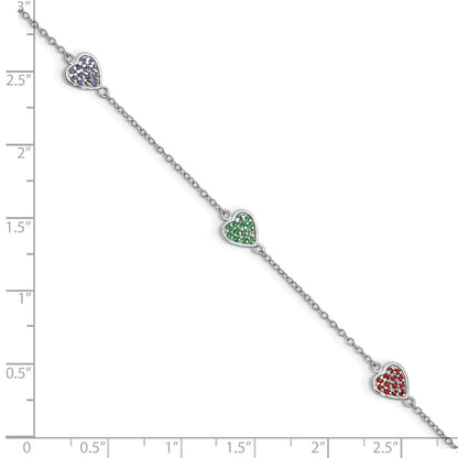 Sterling Silver Rhodium-plated Red, Green and Blue Glass Hearts with 1 Inch Extension Bracelet