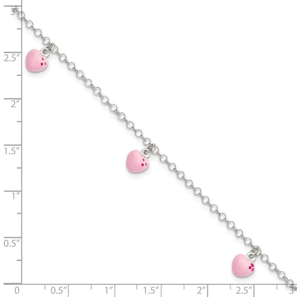 Sterling Silver Polished Pink Enameled Hearts Children's Bracelet