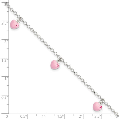 Sterling Silver Polished Pink Enameled Hearts Children's Bracelet