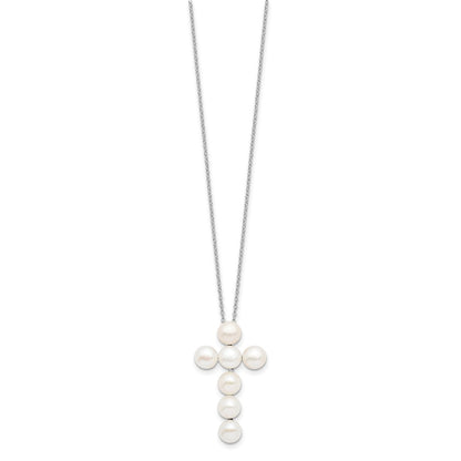 Sterling Silver Rhodium-plated 6-7mm White Button Freshwater Cultured Pearl Cross 17 inch Necklace