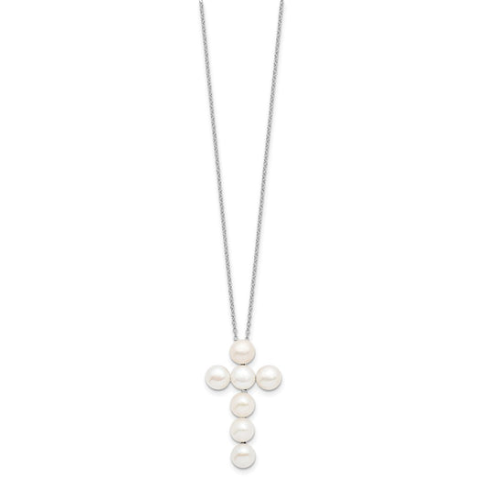 Sterling Silver Rhodium-plated 6-7mm White Button Freshwater Cultured Pearl Cross 17 inch Necklace
