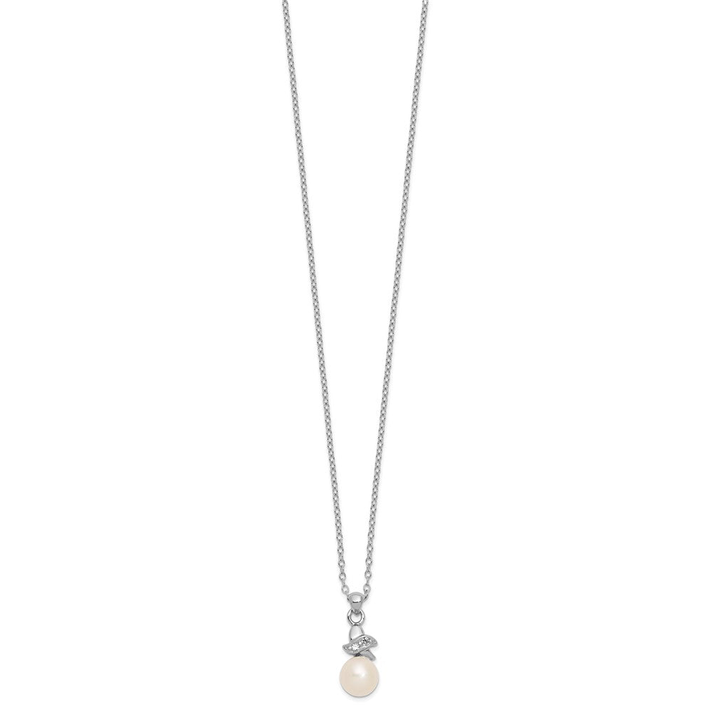 Sterling Silver Rhodium-plated 6-7mm White Button Freshwater Cultured Pearl and CZ 17 inch Necklace