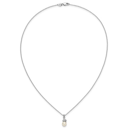 Sterling Silver Rhodium-plated 6-7mm White Button Freshwater Cultured Pearl and CZ 17 inch Necklace
